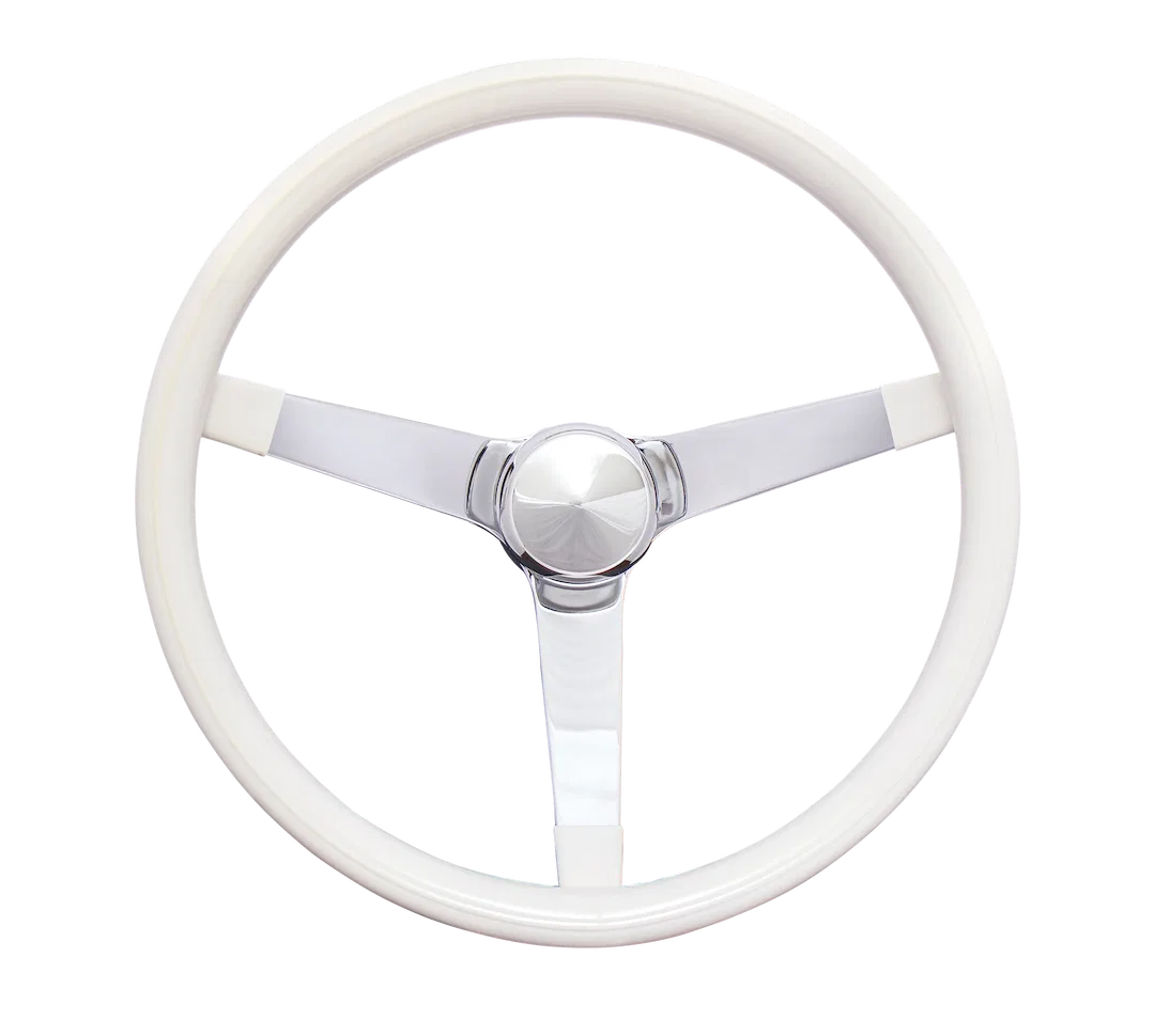 832W – GRANT Steering Wheel, 14-3/4 Inch Diameter 3 Spoke White Cushion Grip Chrome Plated Steel Spoke With Horn Butt...